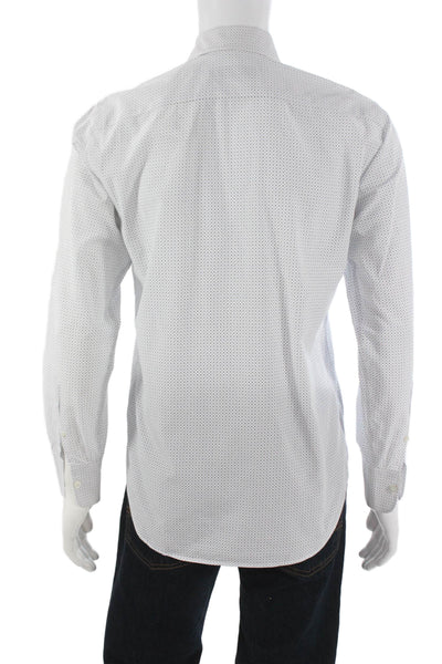 Canali Mens Button Front Long Sleeve Collared Geometric Shirt White Blue Small
