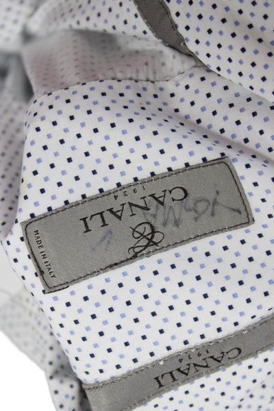 Canali Mens Button Front Long Sleeve Collared Geometric Shirt White Blue Small