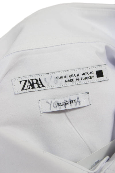 Zara Mens Button Front Long Sleeve Collared Shirt Light Blue Cotton Size Medium