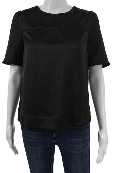 J Crew Women Black Basic Blouse Short Sleeve Round Neck Button Polyester Size 0
