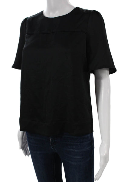 J Crew Women Black Basic Blouse Short Sleeve Round Neck Button Polyester Size 0