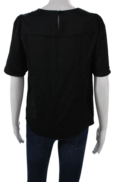 J Crew Women Black Basic Blouse Short Sleeve Round Neck Button Polyester Size 0