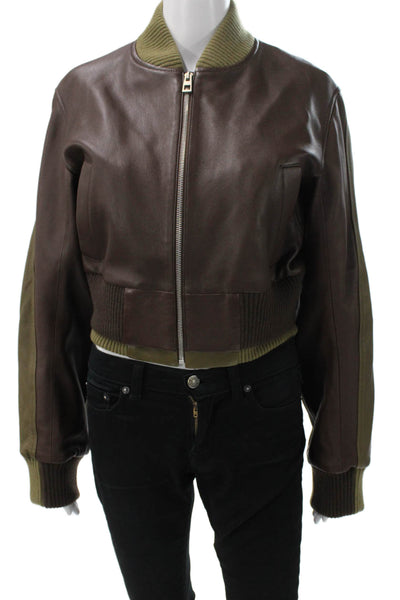 Loewe Womens Bomber Jacket Brown Leather Zip Long Sleeve Size 40