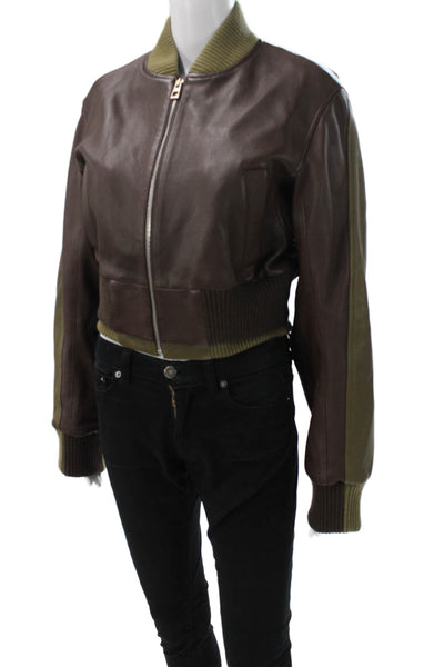 Loewe Womens Bomber Jacket Brown Leather Zip Long Sleeve Size 40