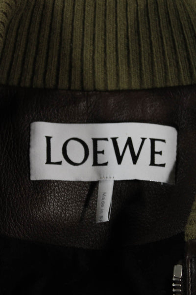 Loewe Womens Bomber Jacket Brown Leather Zip Long Sleeve Size 40