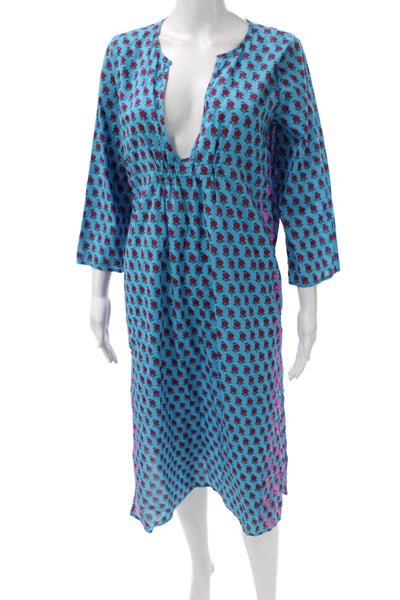 J Crew Womens Kaftan V Neck Floral Midi Dress Blue 3/4 Sleeve Size XS