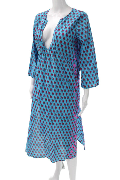 J Crew Womens Kaftan V Neck Floral Midi Dress Blue 3/4 Sleeve Size XS