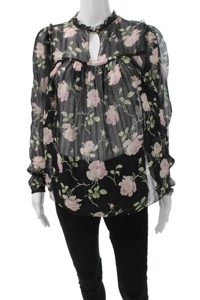 Ulla Johnson Womens Silk High Neck Floral Long Sleeve Blouse Black Size 2