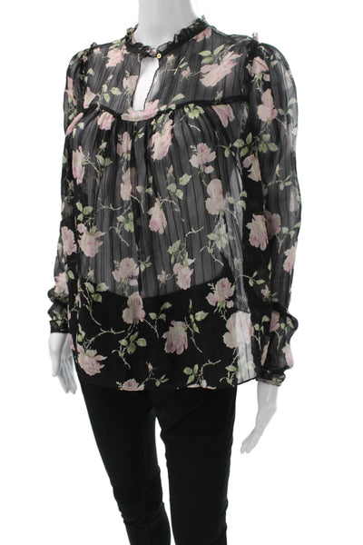 Ulla Johnson Womens Silk High Neck Floral Long Sleeve Blouse Black Size 2