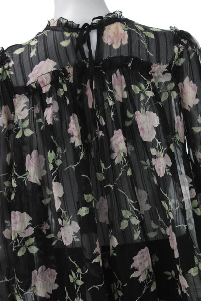 Ulla Johnson Womens Silk High Neck Floral Long Sleeve Blouse Black Size 2