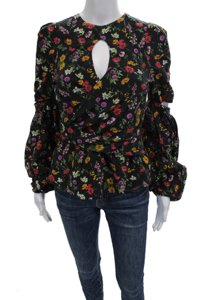 Hellessy Women Silk Floral Round Neck Long Sleeve Blouse Black Zip Size 2