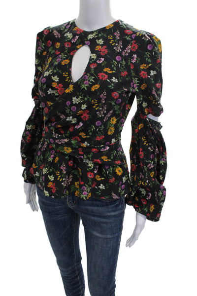 Hellessy Women Silk Floral Round Neck Long Sleeve Blouse Black Zip Size 2