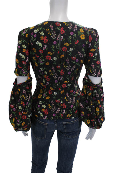 Hellessy Women Silk Floral Round Neck Long Sleeve Blouse Black Zip Size 2