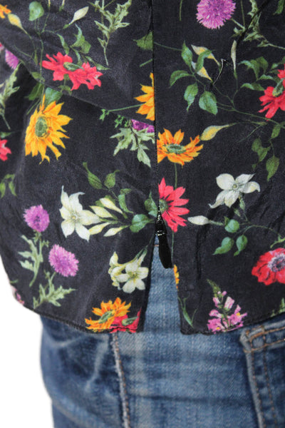Hellessy Women Silk Floral Round Neck Long Sleeve Blouse Black Zip Size 2