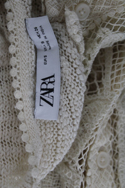 Zara Women Cardigan Sweater Ivory Cotton Long Sleeve Round Neck Size S