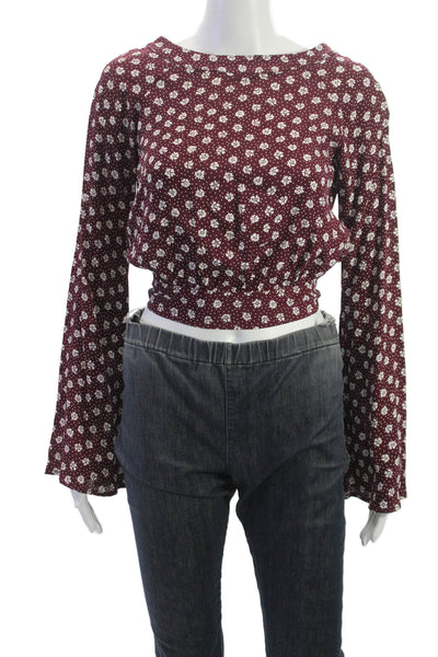 Flynn Skye Womens Cropped Floral Boat Neck Long Sleeve Rayon Blouse Size XS