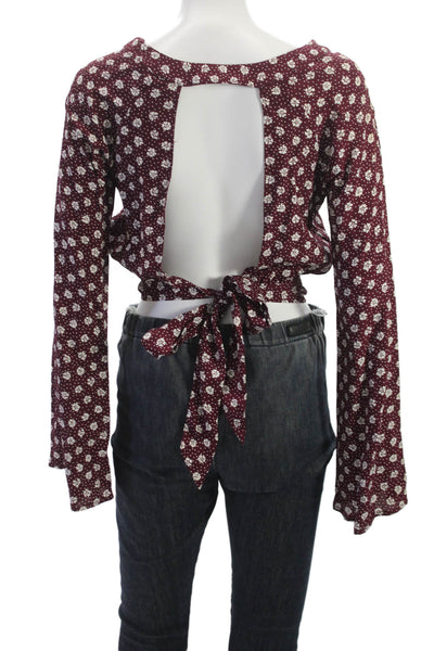 Flynn Skye Womens Cropped Floral Boat Neck Long Sleeve Rayon Blouse Size XS