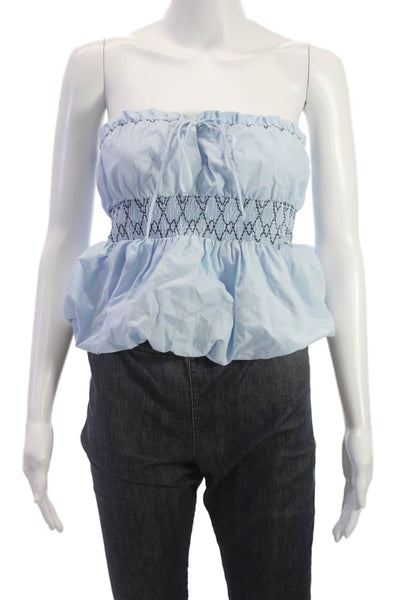 Zara Womens Cropped Strapless Cotton Blouse Blue Drawstring Size S