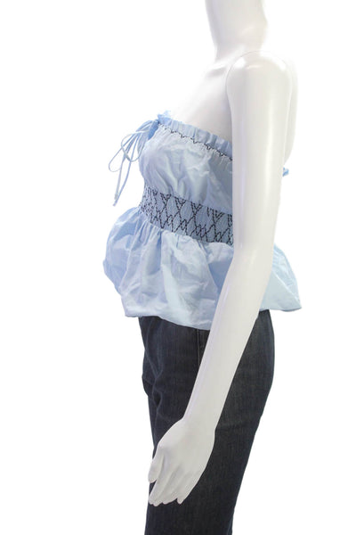 Zara Womens Cropped Strapless Cotton Blouse Blue Drawstring Size S