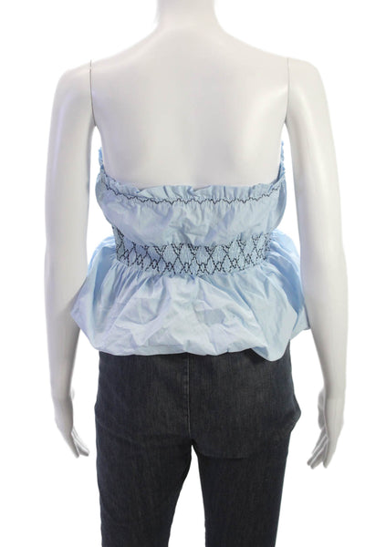 Zara Womens Cropped Strapless Cotton Blouse Blue Drawstring Size S