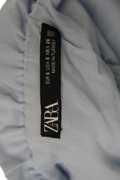 Zara Womens Cropped Strapless Cotton Blouse Blue Drawstring Size S
