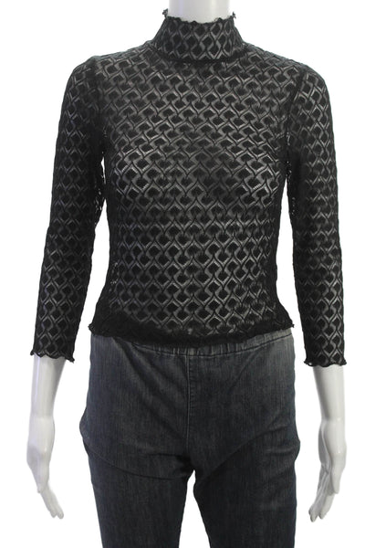 For Love & Lemons Womens Black Mock Neck Geometric 3/4 Sleeve Blouse Size S