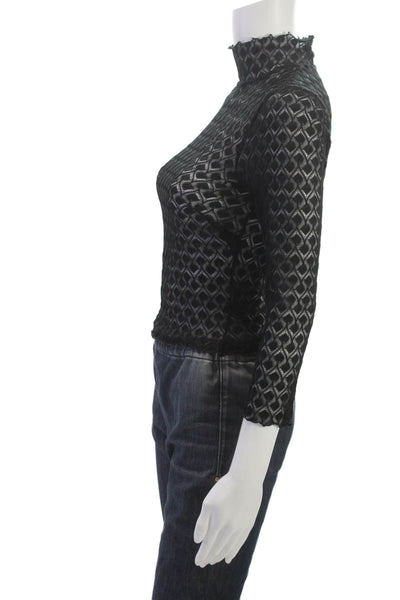 For Love & Lemons Womens Black Mock Neck Geometric 3/4 Sleeve Blouse Size S