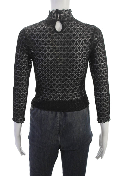 For Love & Lemons Womens Black Mock Neck Geometric 3/4 Sleeve Blouse Size S