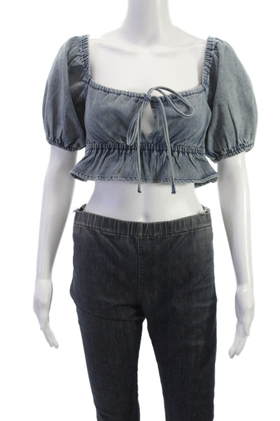 Le Lis Women Cropped Cotton Blouse Square Neck Tie Short Sleeve Blue Size XS