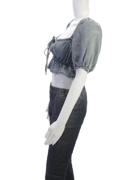 Le Lis Women Cropped Cotton Blouse Square Neck Tie Short Sleeve Blue Size XS