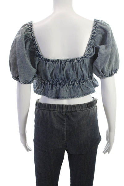 Le Lis Women Cropped Cotton Blouse Square Neck Tie Short Sleeve Blue Size XS