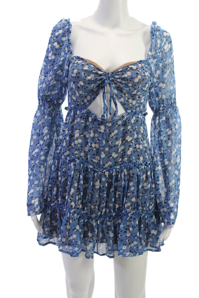 Majorelle Womens Mini Floral Square Neck Long Sleeve Zip Dress Blue Size XS