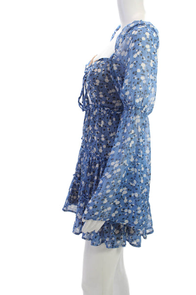 Majorelle Womens Mini Floral Square Neck Long Sleeve Zip Dress Blue Size XS