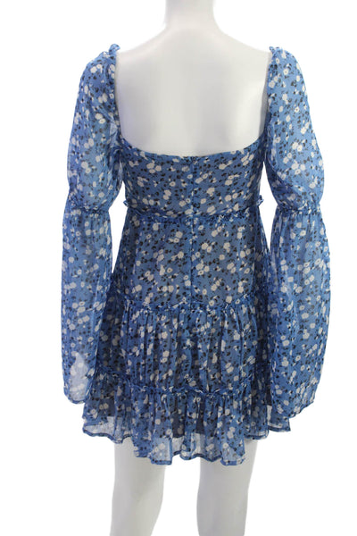 Majorelle Womens Mini Floral Square Neck Long Sleeve Zip Dress Blue Size XS
