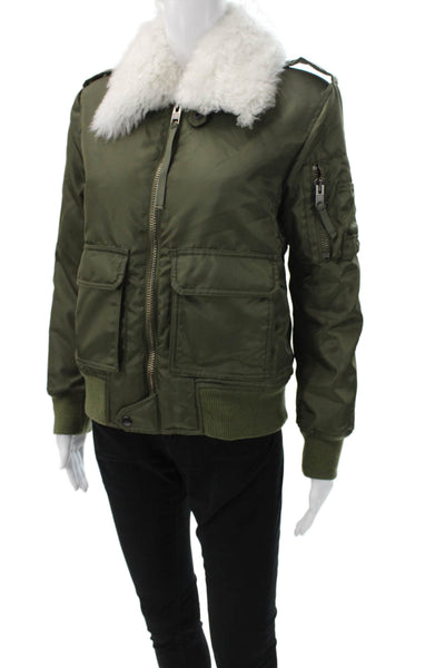 SAM. Womens Bomber Jacket Green Nylon Zip Long Sleeve Solid Fall Size S