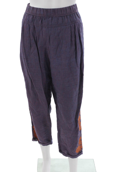 Anthropologie Women Cropped Striped Linen Pants Purple Pull On Size M