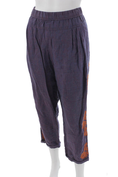 Anthropologie Women Cropped Striped Linen Pants Purple Pull On Size M