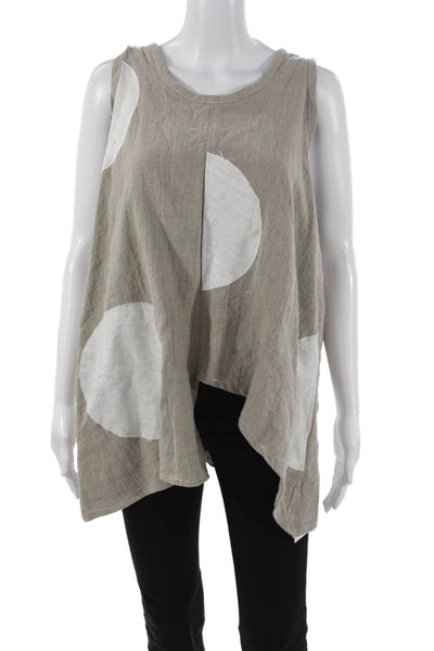 Diane Ness Women Tunic Linen Polka Dot Sleeveless Round Neck Beige Size L