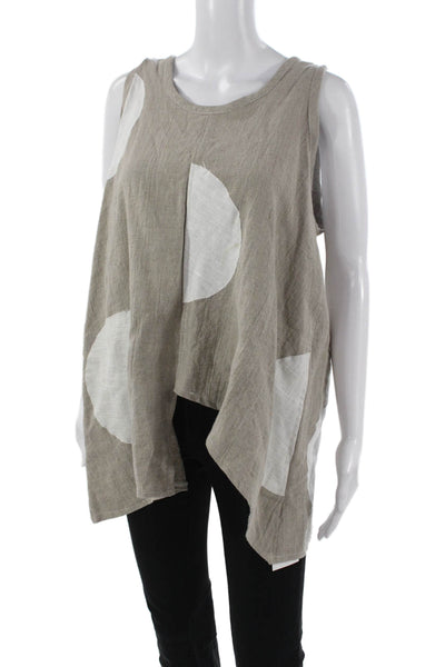 Diane Ness Women Tunic Linen Polka Dot Sleeveless Round Neck Beige Size L