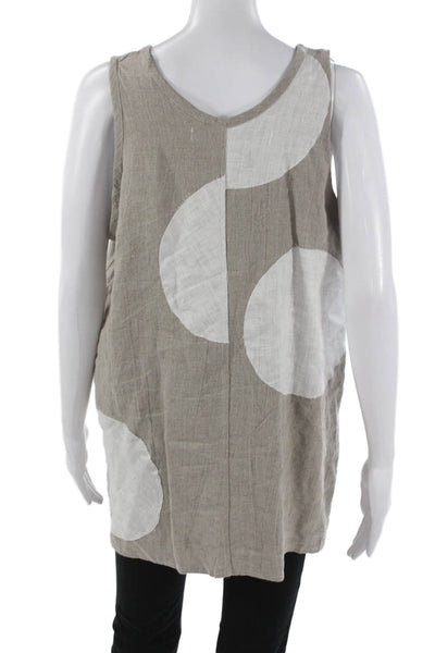 Diane Ness Women Tunic Linen Polka Dot Sleeveless Round Neck Beige Size L