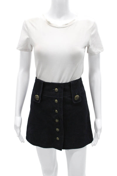 Intermix Women Black Genuine Leather A-Line Skirt Button Short Petites Size XS