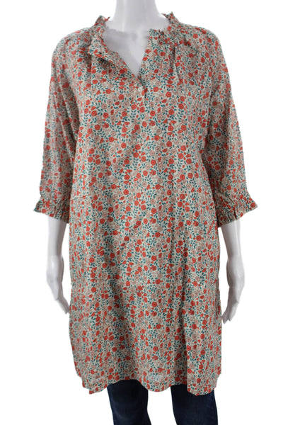 The Coast Brand Women Floral V-Neck Cotton Shift Button-Up 3/4 Sleeve Size One