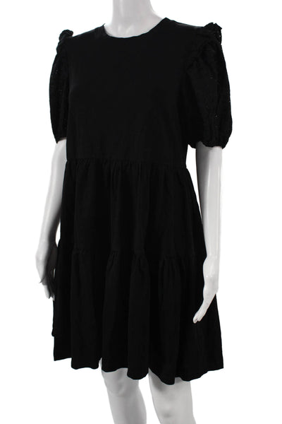 English Factory Womens Trapeze Swing Black Cotton Short Sleeve Dress Size S