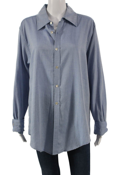 Crippen Women Collared Cotton Blue Long Sleeve Button-Up Size L
