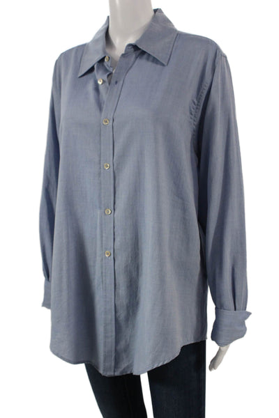 Crippen Women Collared Cotton Blue Long Sleeve Button-Up Size L