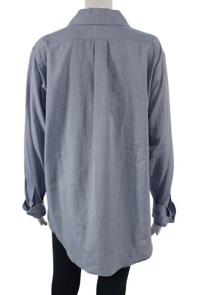 Crippen Women Collared Cotton Blue Long Sleeve Button-Up Size L