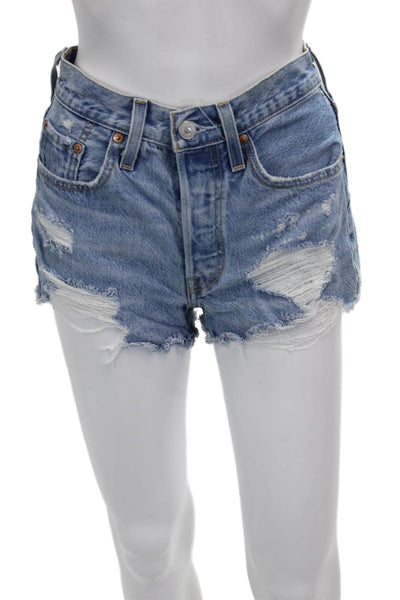 Levi Strauss & Co Women Cut-Off Blue Cotton Button Solid Shorts Size 24