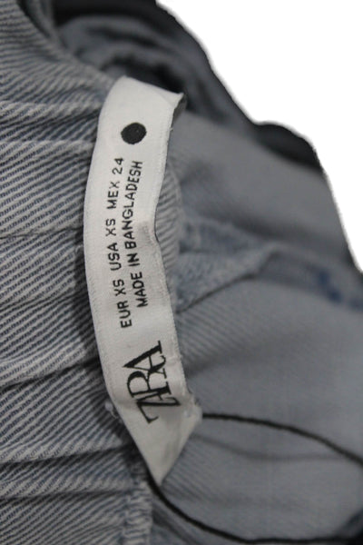 Zara Women Cropped Striped Lyocell Pants Blue Drawstring Size XS