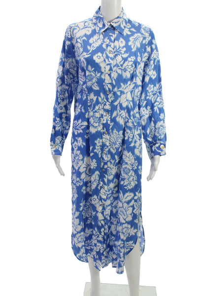 Zara Women Shirt Dress Blue Floral Collared Long Sleeve Lyocell Button Size S