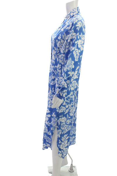 Zara Women Shirt Dress Blue Floral Collared Long Sleeve Lyocell Button Size S